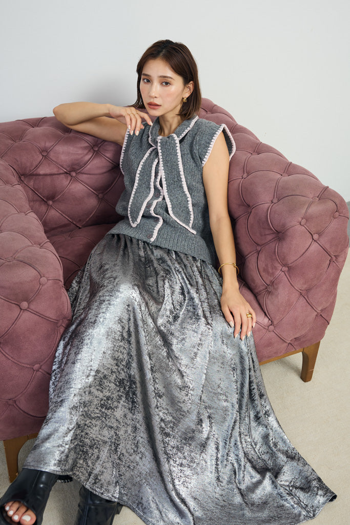 フレア 予約/SET]配色ステッチボウタイニットベスト+シャイニーサテン