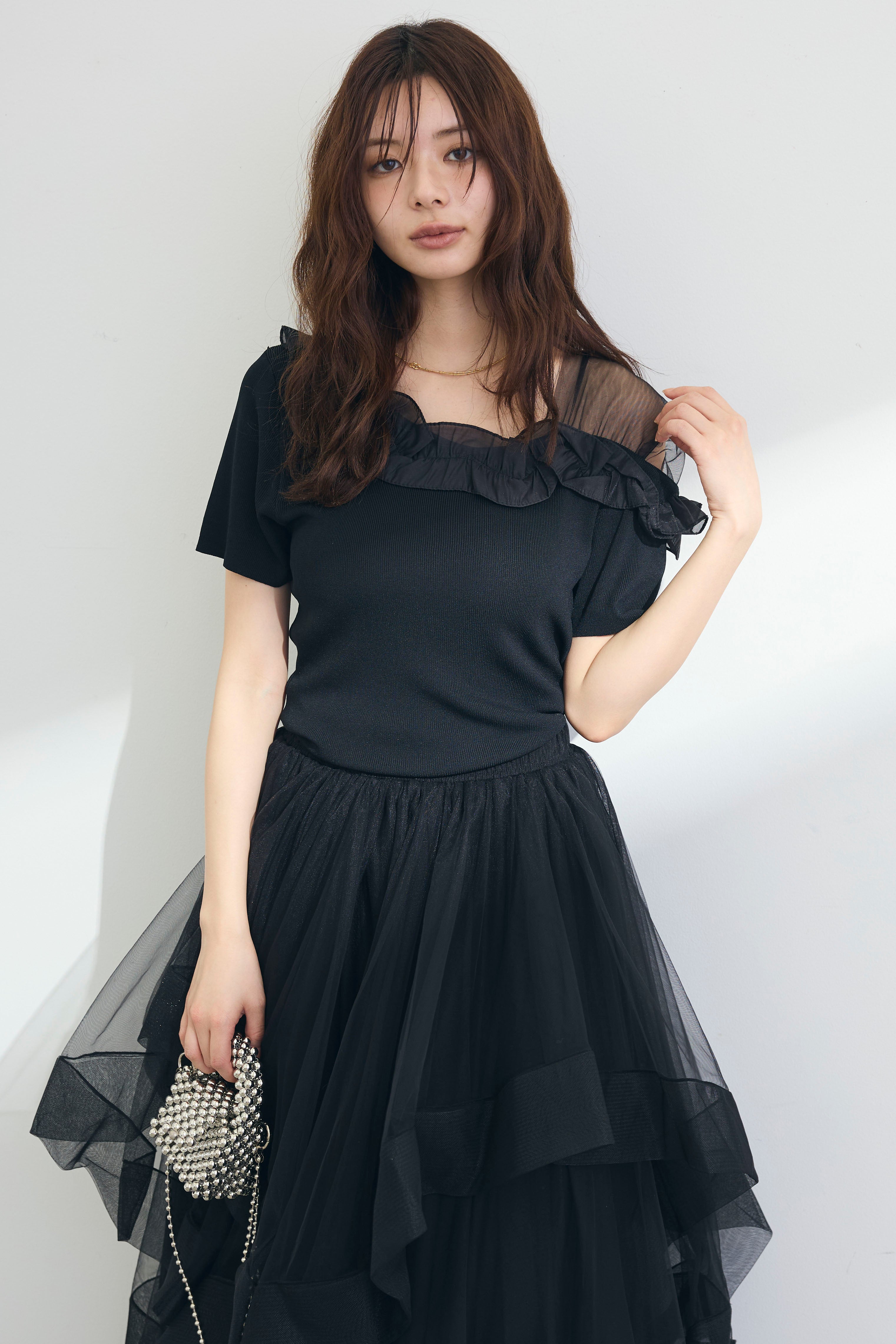 frene フレーネ　フリル付き黒シースルーブラウス 予約]シースルー×フリルドッキングトップス – Frene