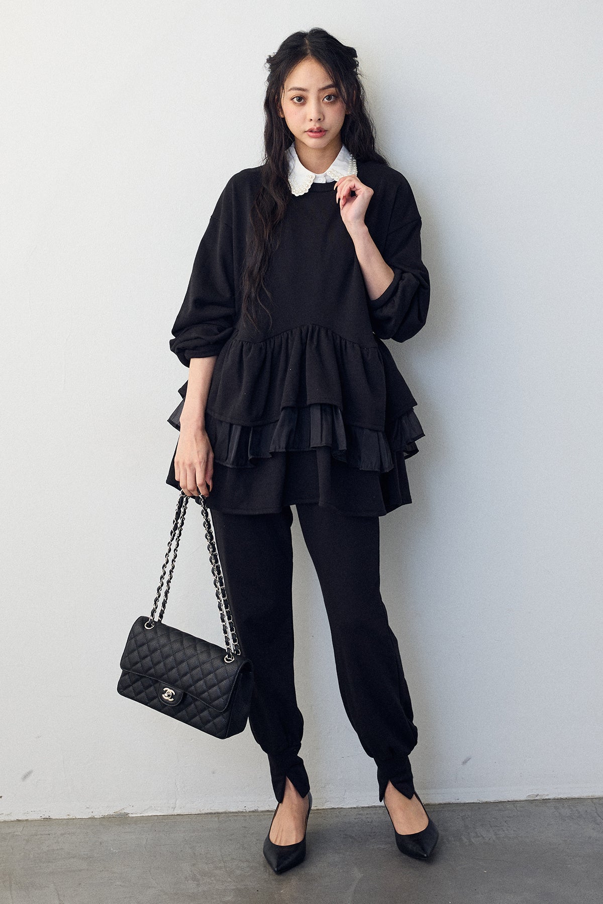 予約/SET]2連パール付け襟+異素材ミックスフリルティアードスウェット