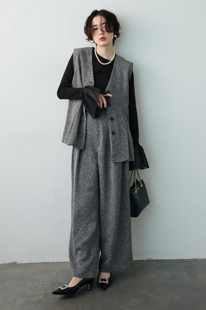 [予約/SET]チュールシアーカフスリブニット+サマーツイードボックスプリーツベスト+サマーツイードウエストラインタックパンツ(3set)