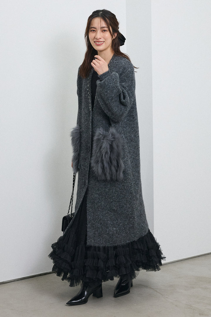 [予約/SET]ファーポケットロングニットカーデ+スウィートチュールフリルスカート(2set)