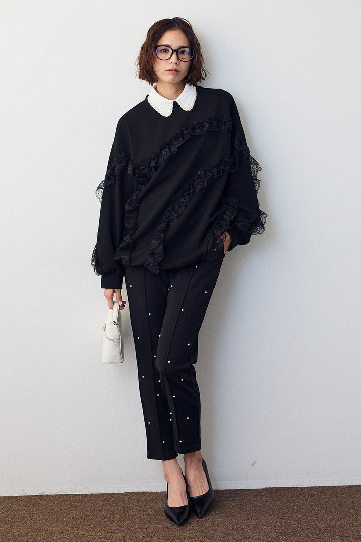 [予約/SET]2連パール付け襟+レースフリルランダムラインスウェット+センターシームランダムパールパンツ(3set)