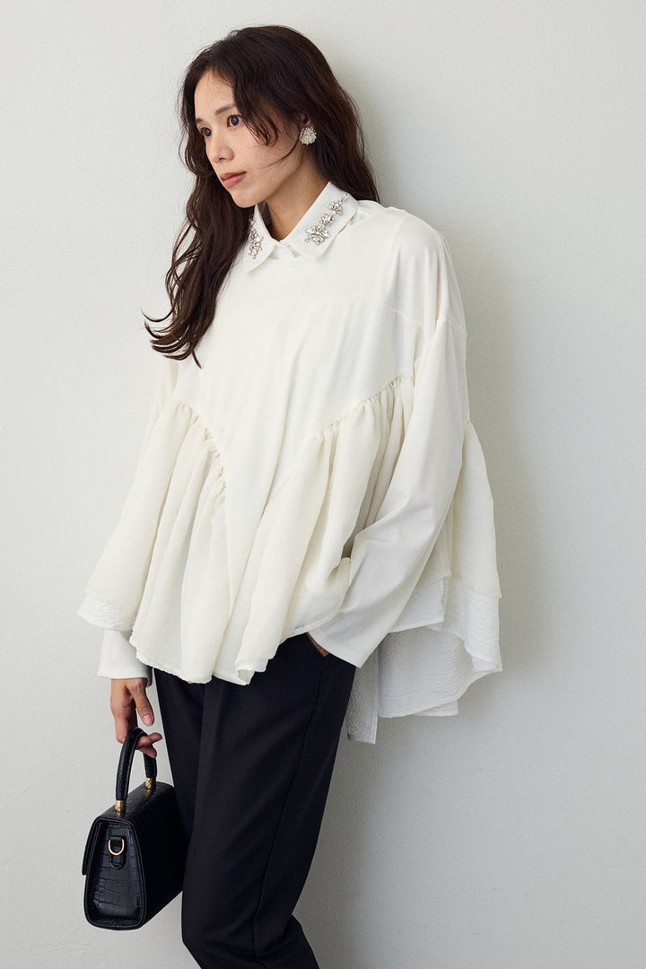 [予約/SET]ビジュー付け襟+フリルテール異素材切替チュニック(2set)