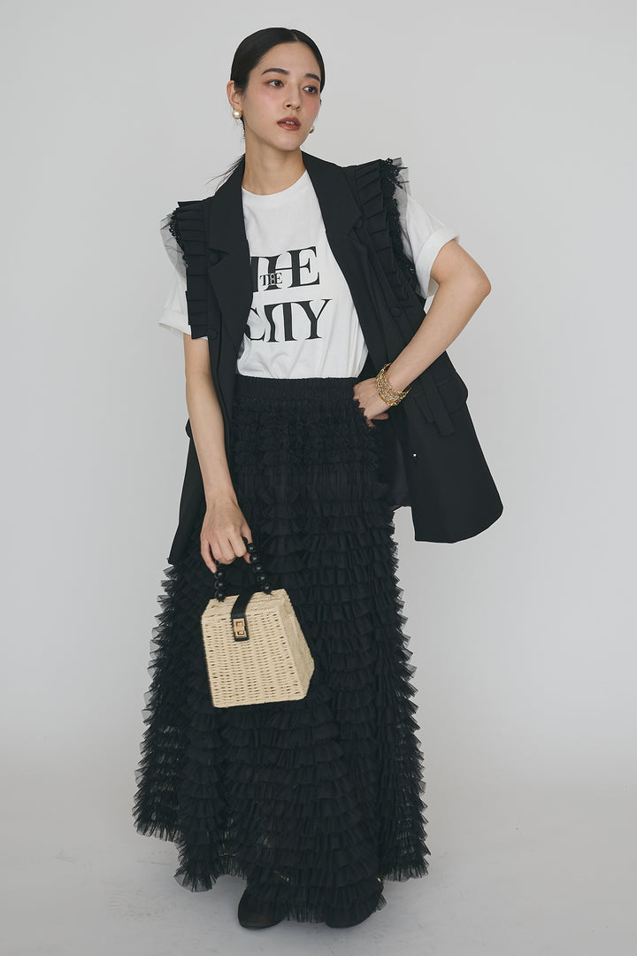 [予約/SET]フリルショルダーテーラーマニッシュベスト+ホイップチュールティアードスカート(2set)