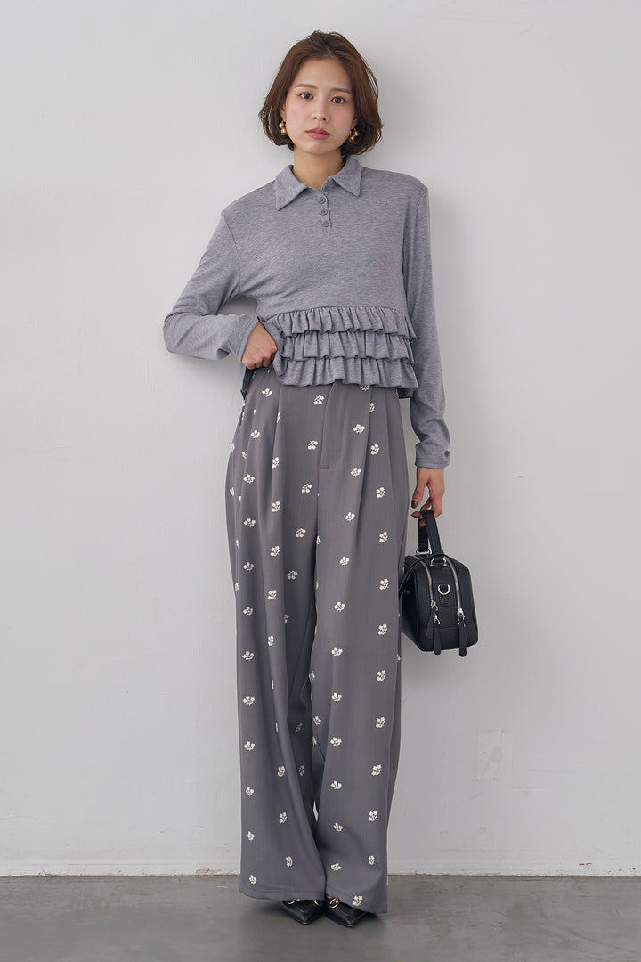 [予約/SET]フリルヘムポロカラープルオーバー+フラワー刺繍ツイルストレートパンツ(2set)