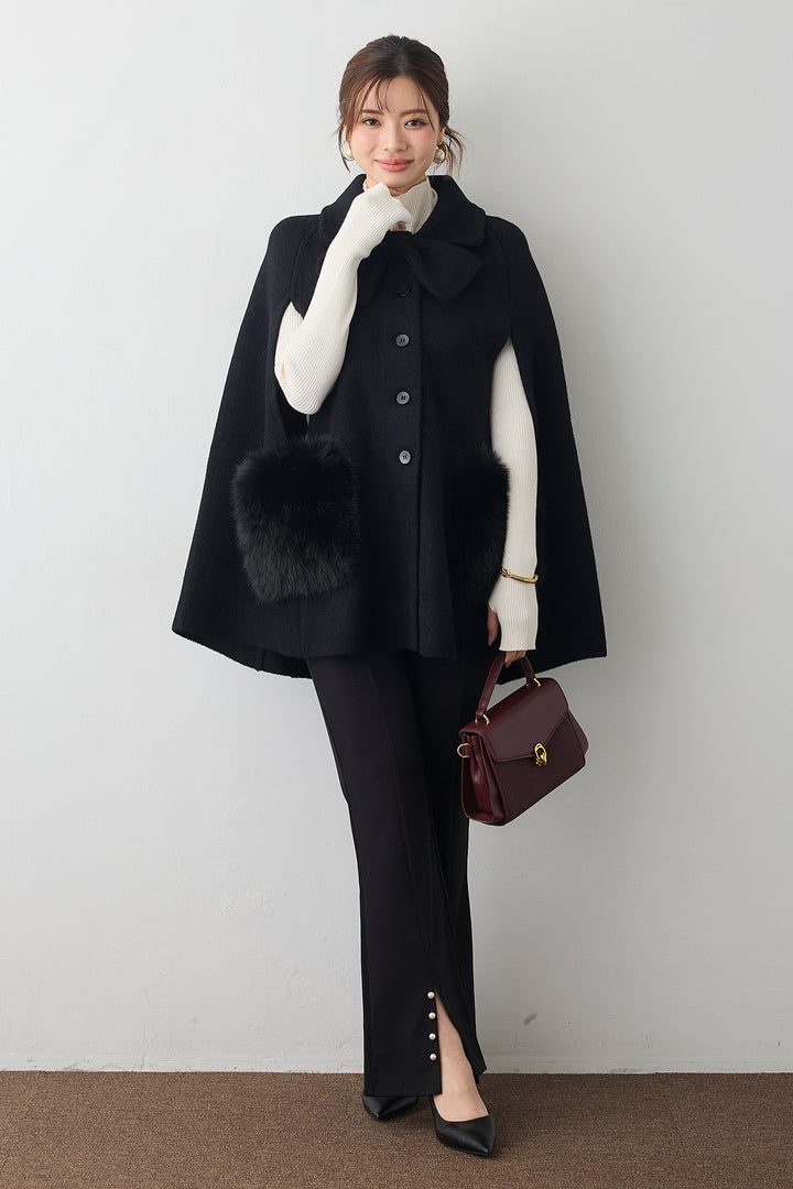 [予約/SET]ベーシックフィンガーホールリブニット+ウールタッチファーポケットポンチョコート+センタースリットパールパンツ(3set)