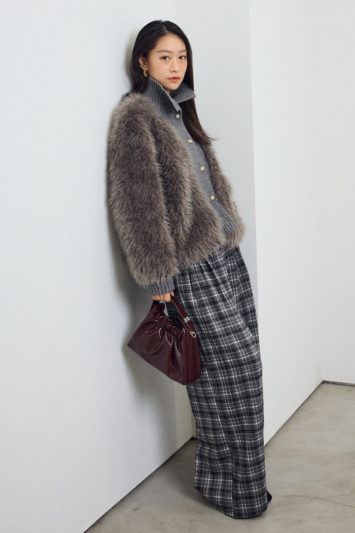 [予約/SET]シャギーファー×リブニットミックスジャケット+ハイウエストチェックセミワイドパンツ(2set)
