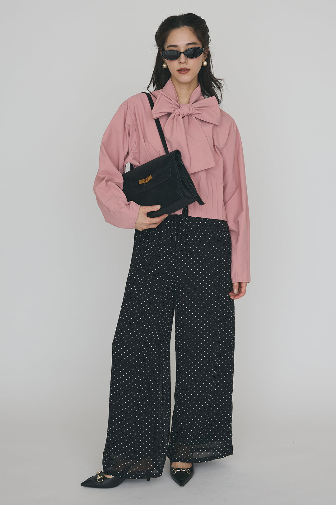 [予約]フロントファスナーヘムタックボウタイブラウス