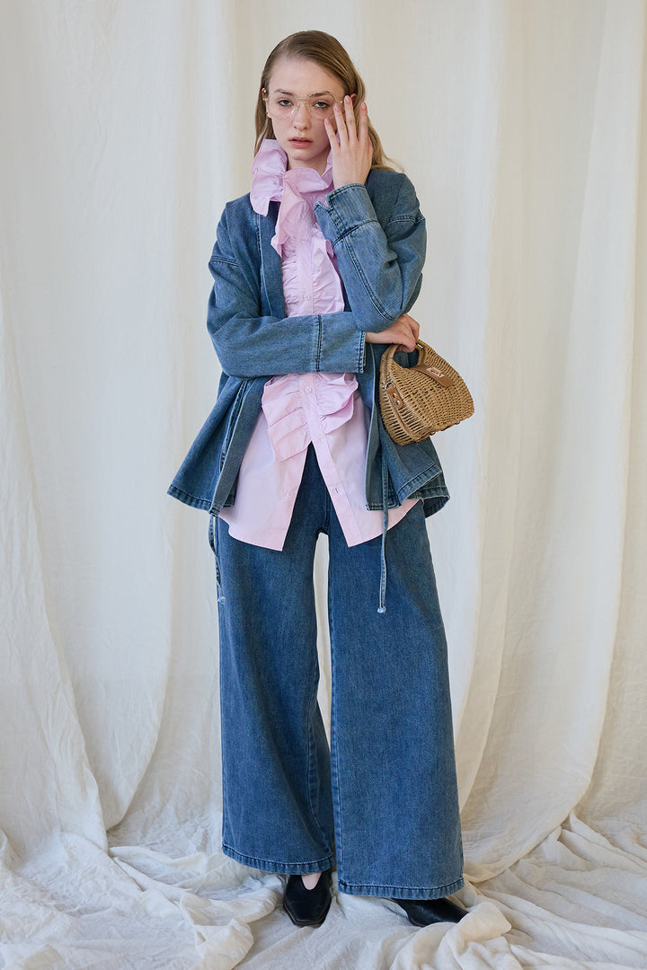 [予約/SET]ブルームカラーフリルブラウス+ノーカラーデニムルーズセットアップ(2set)