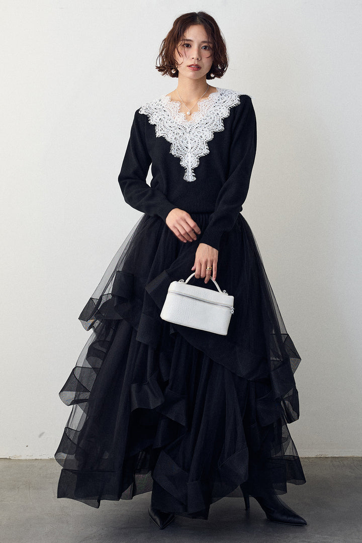 [予約/SET]Vレースデザインニットプルオーバー+ランダムフリルティアードボリュームスカート(2set)