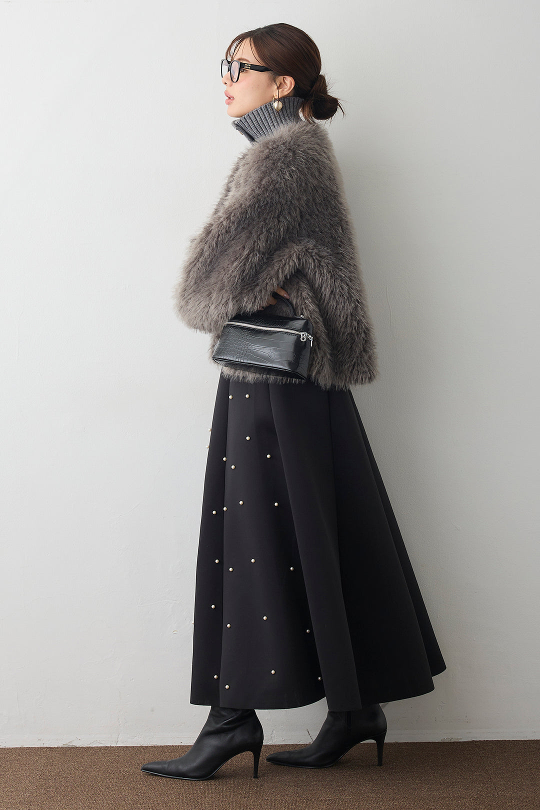 [予約/SET]シャギーファー×リブニットミックスジャケット+マルチパターンボンディングフレアスカート(2set)