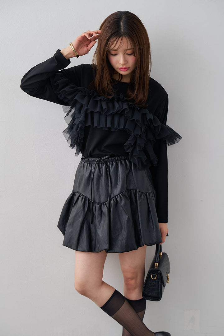 [予約/SET]マルチwayフリルカットトップス+フェイクレザーティアードバルーンミニスカート(2set)
