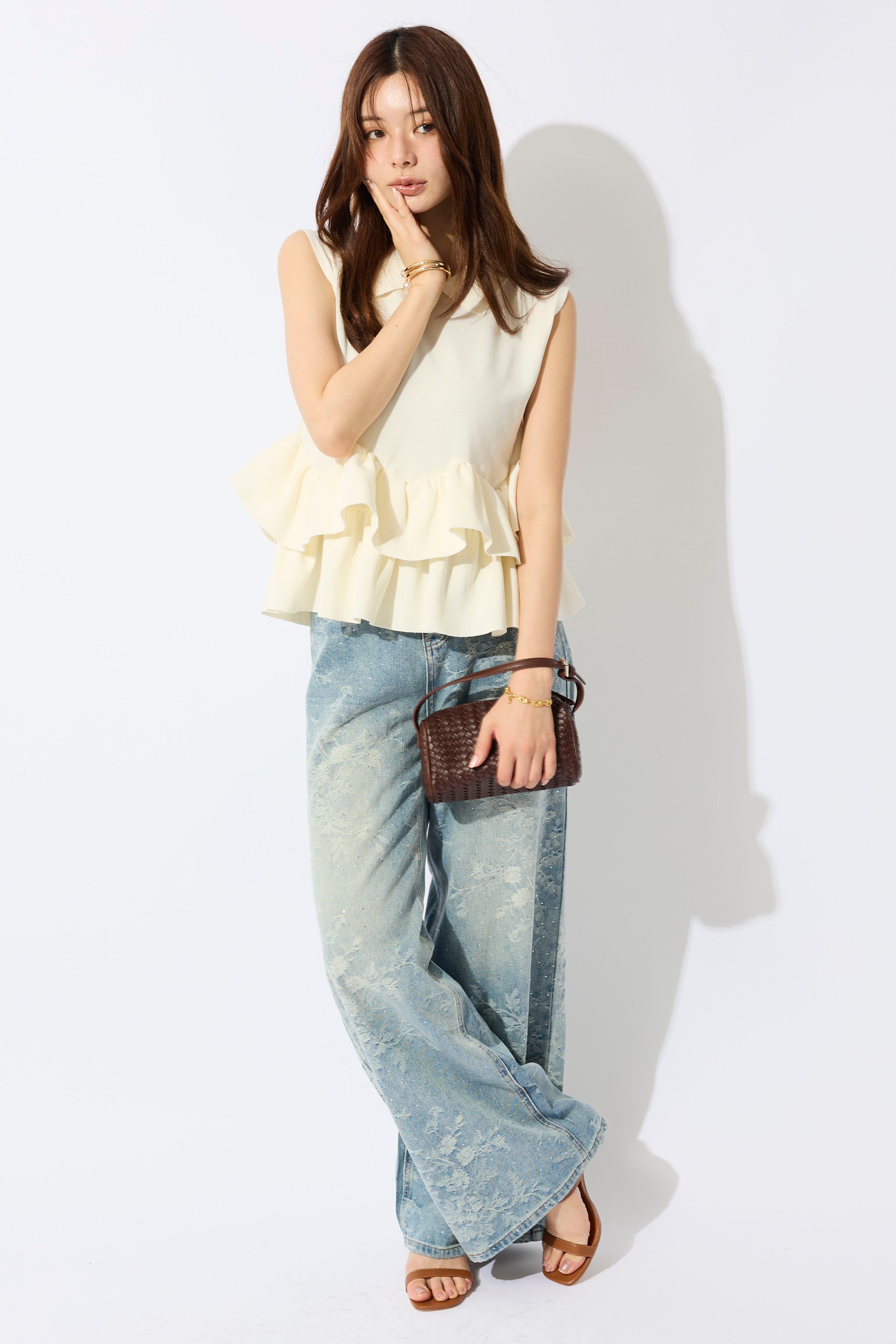 Freneレース襟シャツ、パールコートセット Set item – Frene