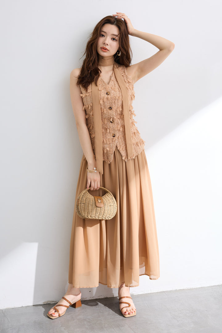 [予約]リボンフリンジベスト＆シフォンスカートセットアップ