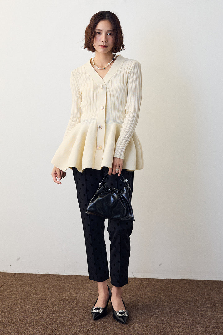 [予約/SET]リブ美ラインペプラムニット+ドット柄センターラインテーパードパンツ(2set)