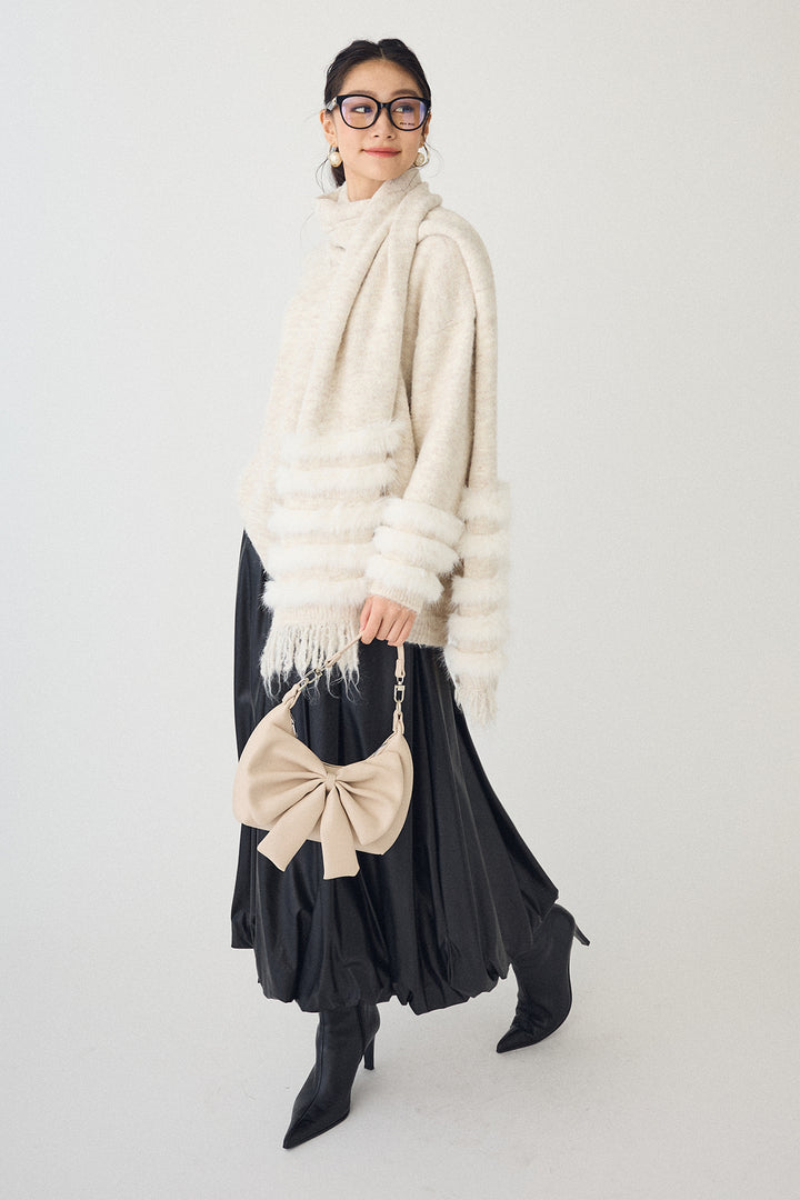 [予約/SET]マフラー付きファーラインデザインニットカーデ+レザーライクバルーンスカート(2set)