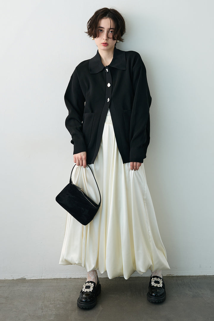 [予約/SET]メタルボタン襟付きニットカーディガン+サテンシャイニーバルーンスカート(2set)