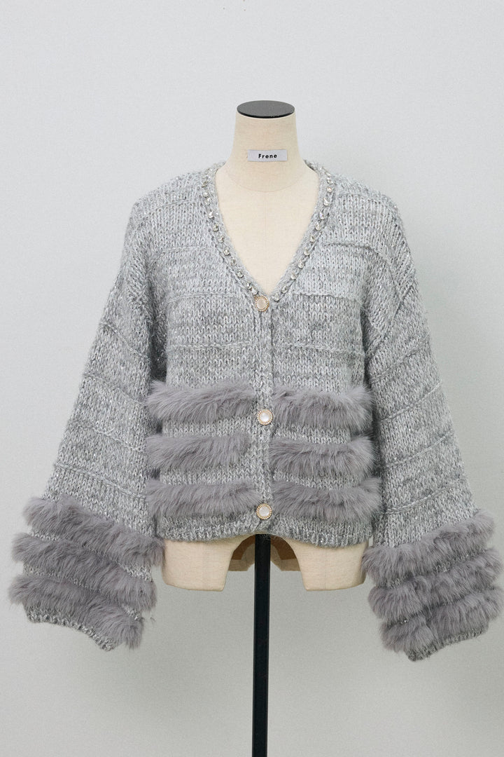 [予約]ネックビジューラインファーニットカーデ