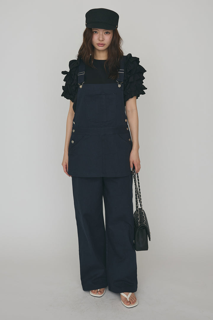 [予約/SET]フリルスリーブプルオーバーブラウス+エプロンデニムサロペ(2set)