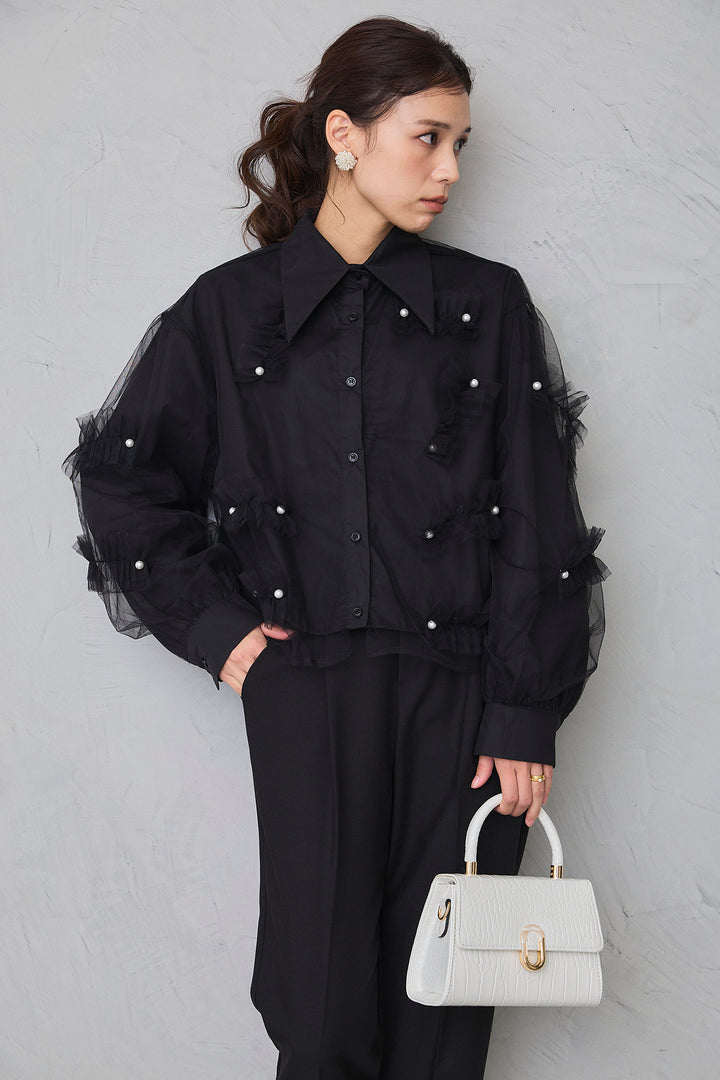 [予約/SET]チュールレイヤードパールシャツ+タックテーパードパンツ(2set)