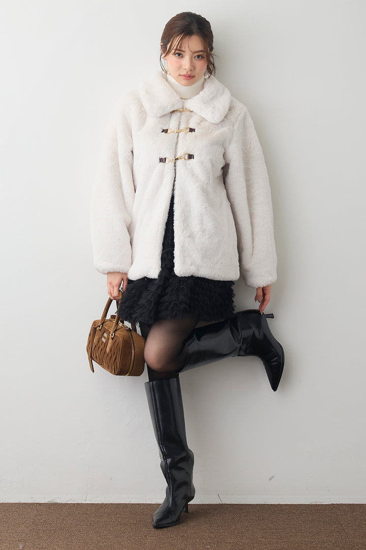 [予約/SET]ビット付きフェイクファーコート+ホイップチュールミニ丈スカート(2set)