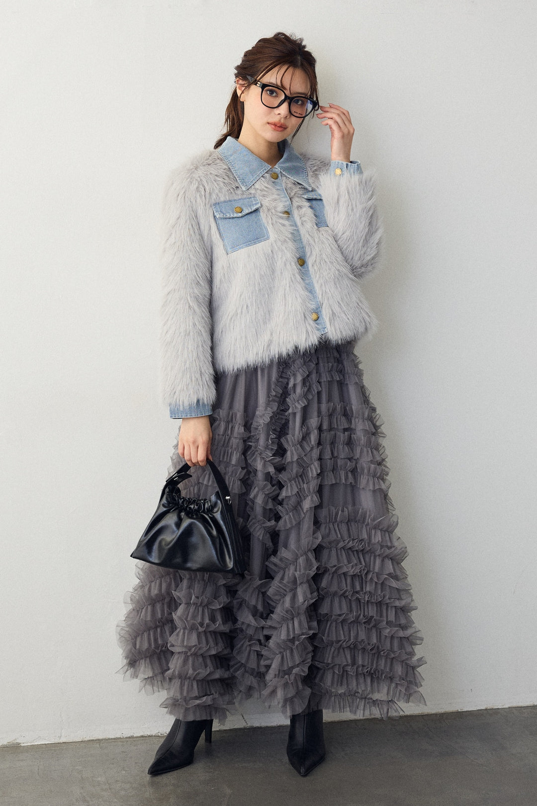 [予約/SET]デニムシャツドッキングファージャケット+スフレアシメチュールスカート(2set)