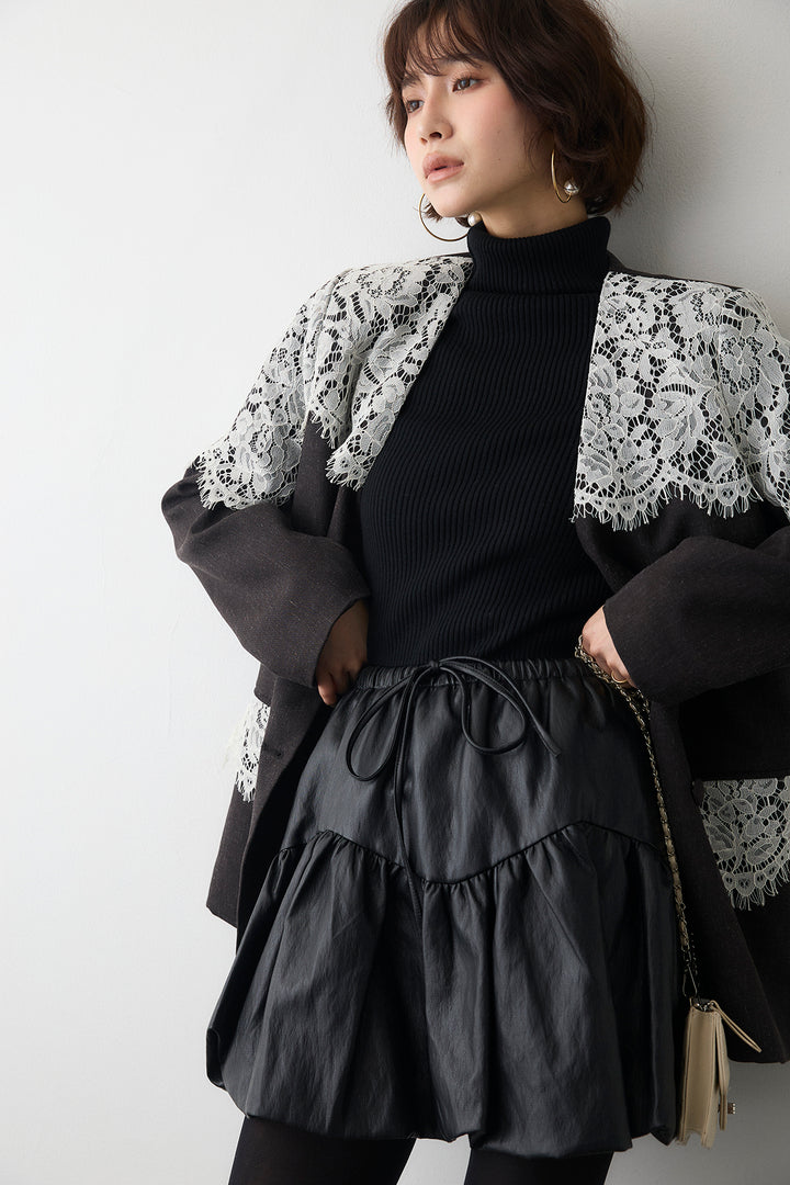 [予約/SET]ショルダーレースデザインジャケット+フェイクレザーティアードバルーンミニスカート(2set)