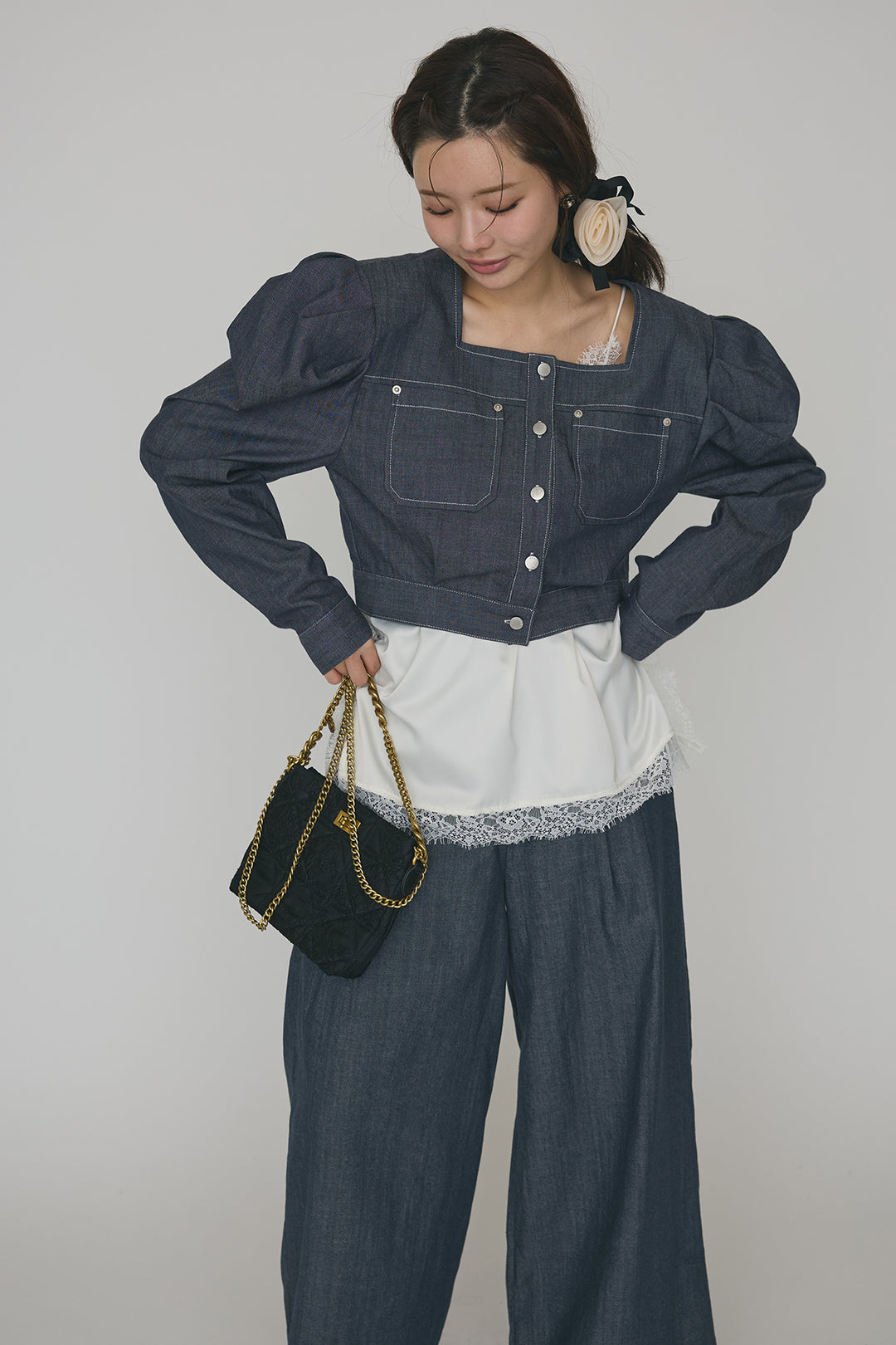 [予約/SET]ステッチパフスリーブクロップドジャケット+ステッチデザインハイウエストデニムパンツ(2set)