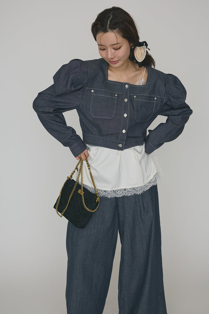 [予約/SET]ステッチパフスリーブクロップドジャケット+ステッチデザインハイウエストデニムパンツ(2set)