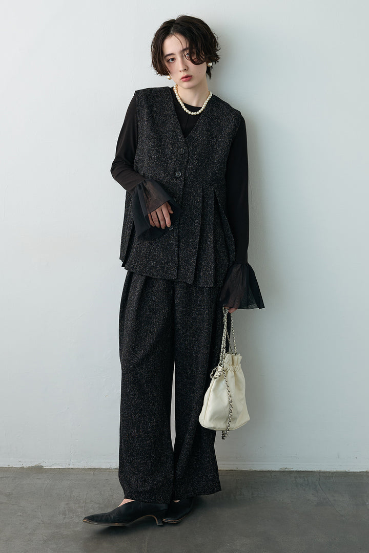 [予約/SET]サマーツイードボックスプリーツベスト+サマーツイードウエストラインタックパンツ(2set)