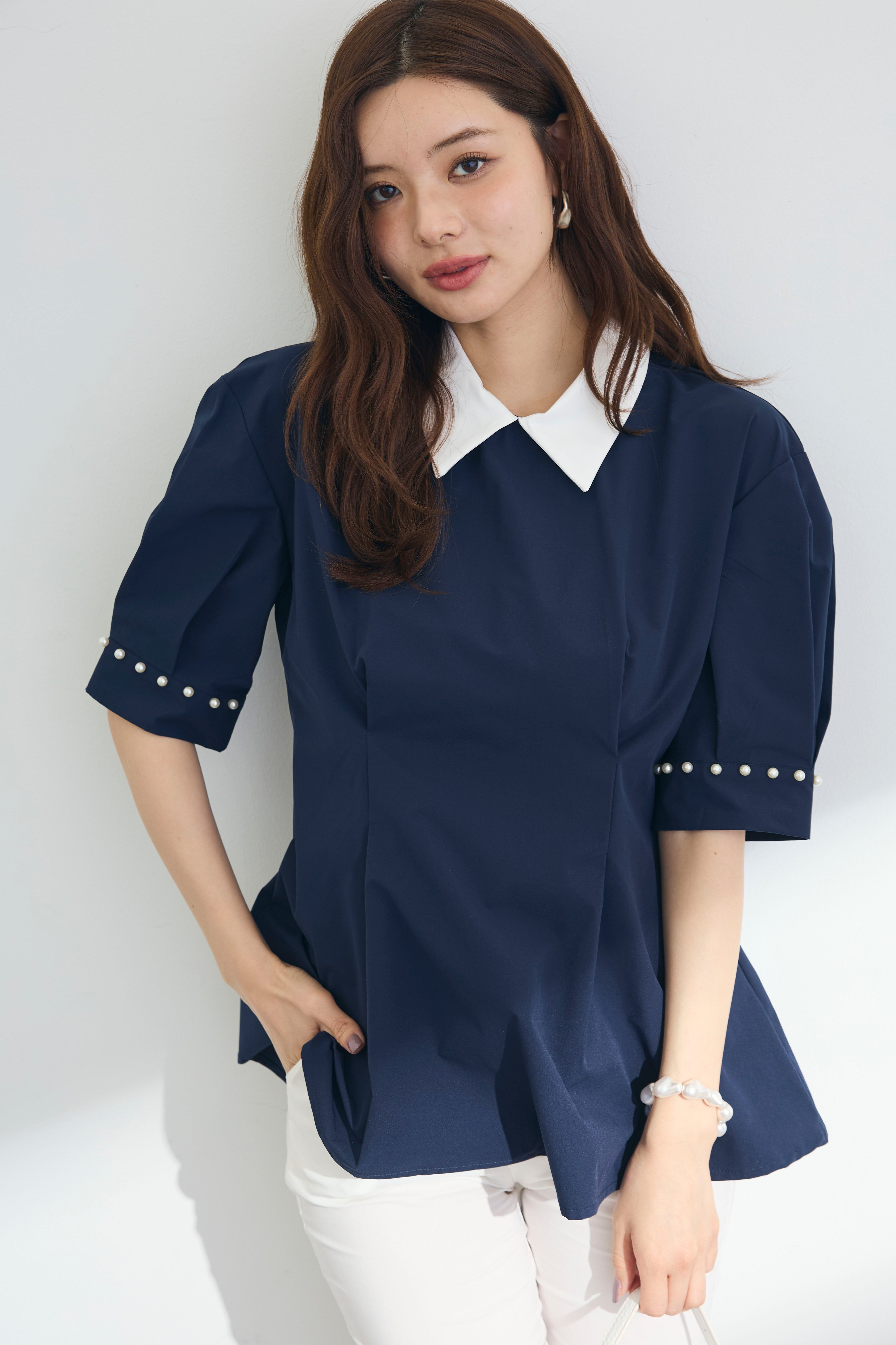 Freneレース襟シャツ、パールコートセット Shirt&Blouse – Frene