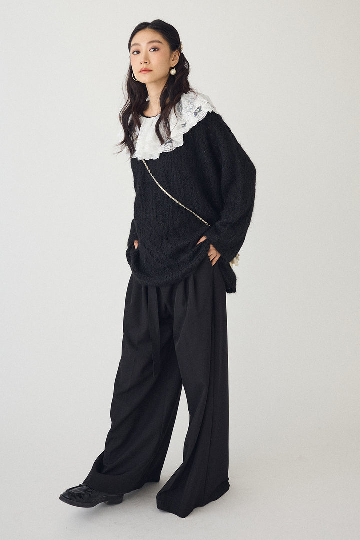 [予約/SET]ダブルレースカラードッキングニット+とろみタックハイウエストタックワイドパンツ(2set)