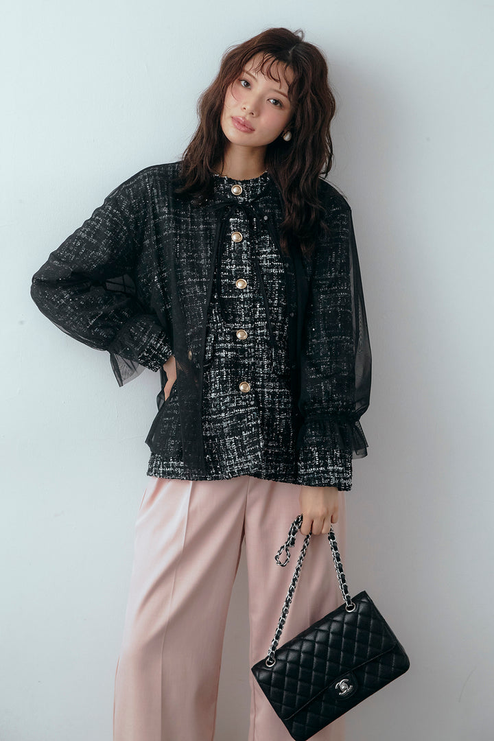 [予約/SET]2wayチュールレイヤードツイードジャケット+スプリングカラータックストレートパンツ(2set)