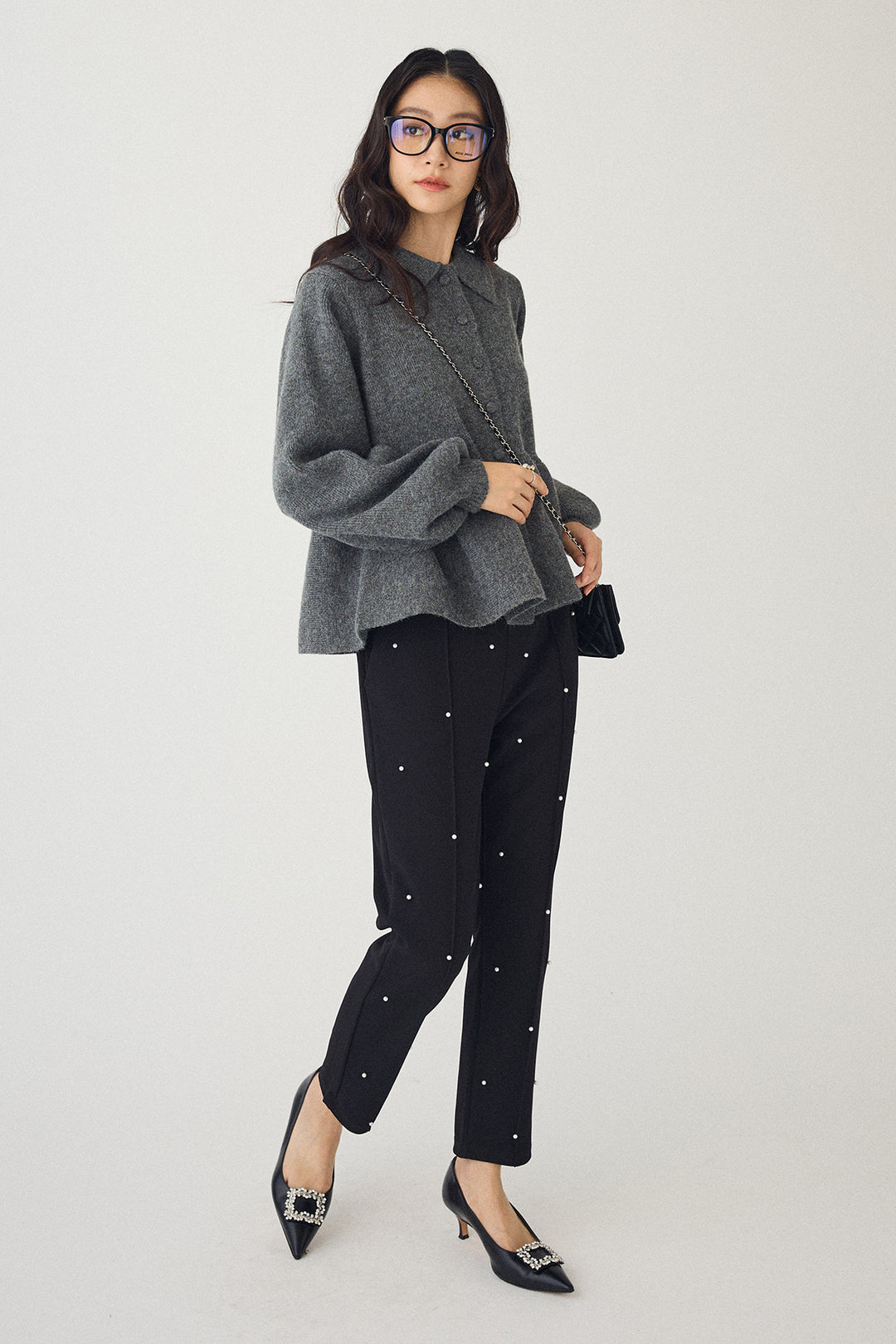 [予約/SET]ポロ襟ペプラムニットプルオーバー+センターシームランダムパールパンツ(2set)