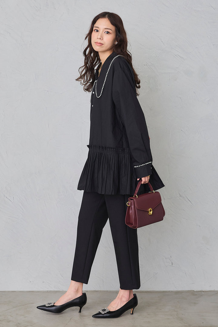 [予約/SET]パールライン襟×プリーツシャツ+タックテーパードパンツ(2set)