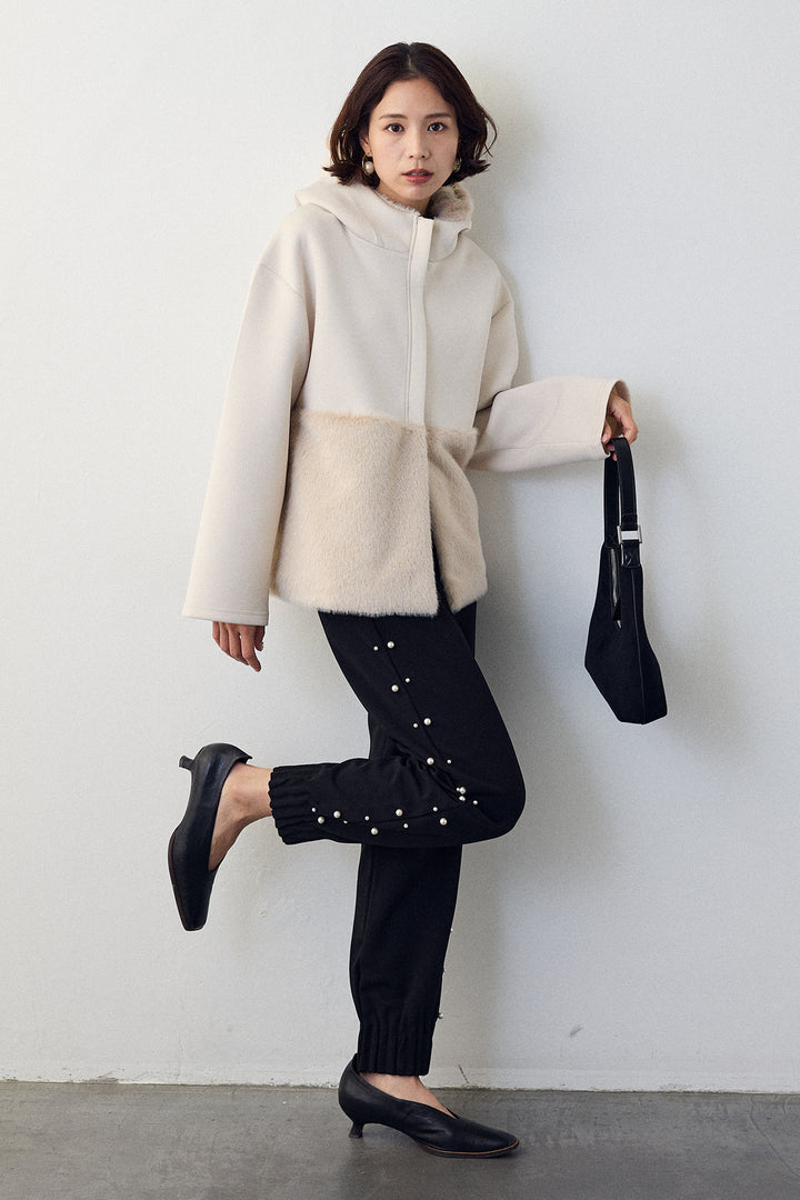 [予約/SET]ボンディングファーフーディー異素材ジャケット+サイドパール裾タックジョガーパンツ(2set)