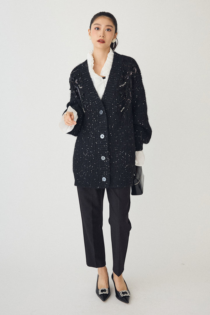 [予約/SET]ビーズフラワースパンコールシャイニーニットカーデ+タックテーパードパンツ(2set)