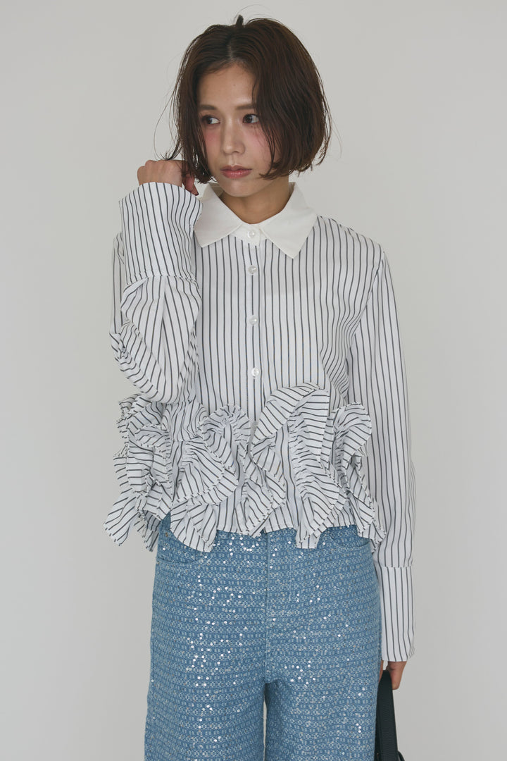 [予約]ストライプラッフルフリルクロップドシャツ