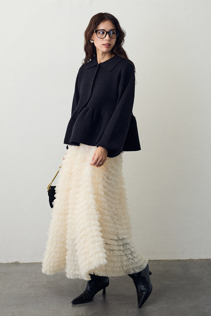 [予約/SET]ポロ襟ペプラムニットプルオーバー+ホイップチュールティアードスカート(2set)