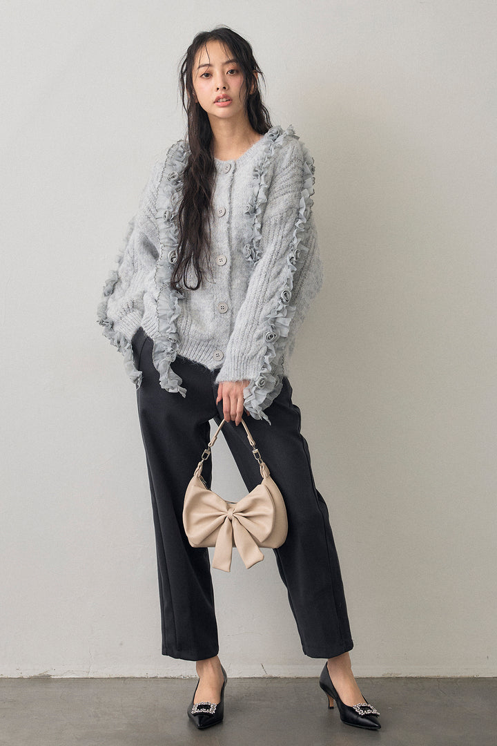 [予約/SET]フリルローズドッキングニットカーデ+ウォームセンタープレス美ラインテーパードパンツ(2set)