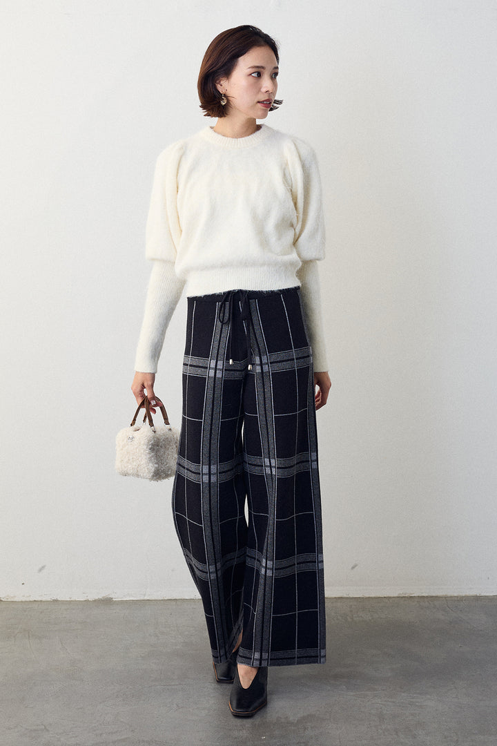 [予約/SET]モヘアパフスリーブプルオーバー+チェック柄ニットストレートパンツ(2set)