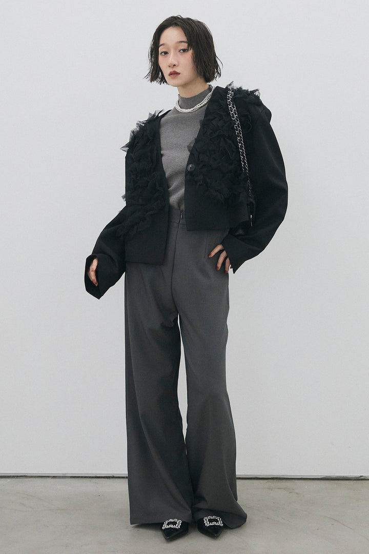 [予約/SET]ハーフスリーブハイネックニット+ホイップチュールショート丈ジャケット+バックリボンストレートパンツ(3set)