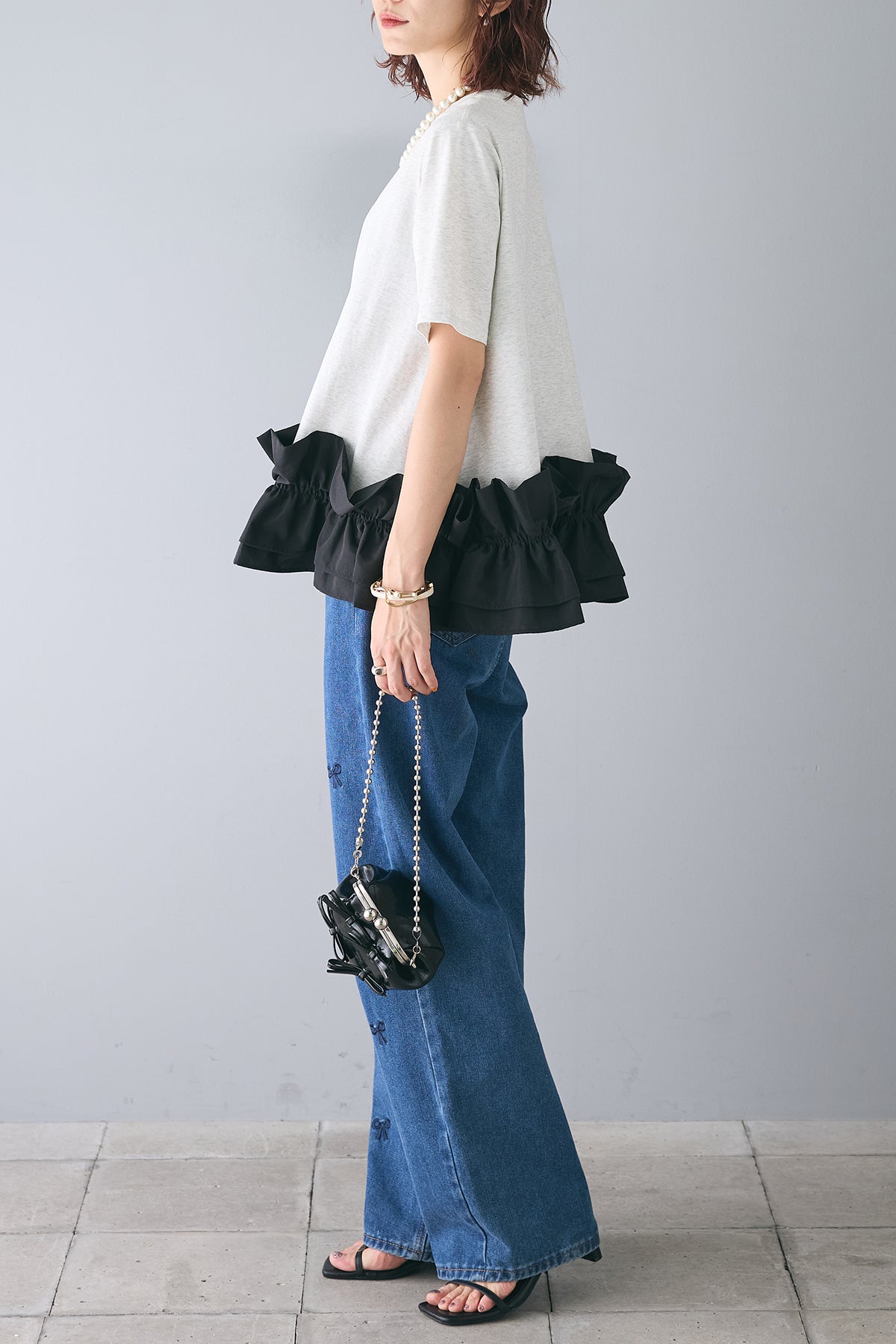 予約/SET]裾シャーリングフリルカットトップス+刺繍リボンハイウエスト 