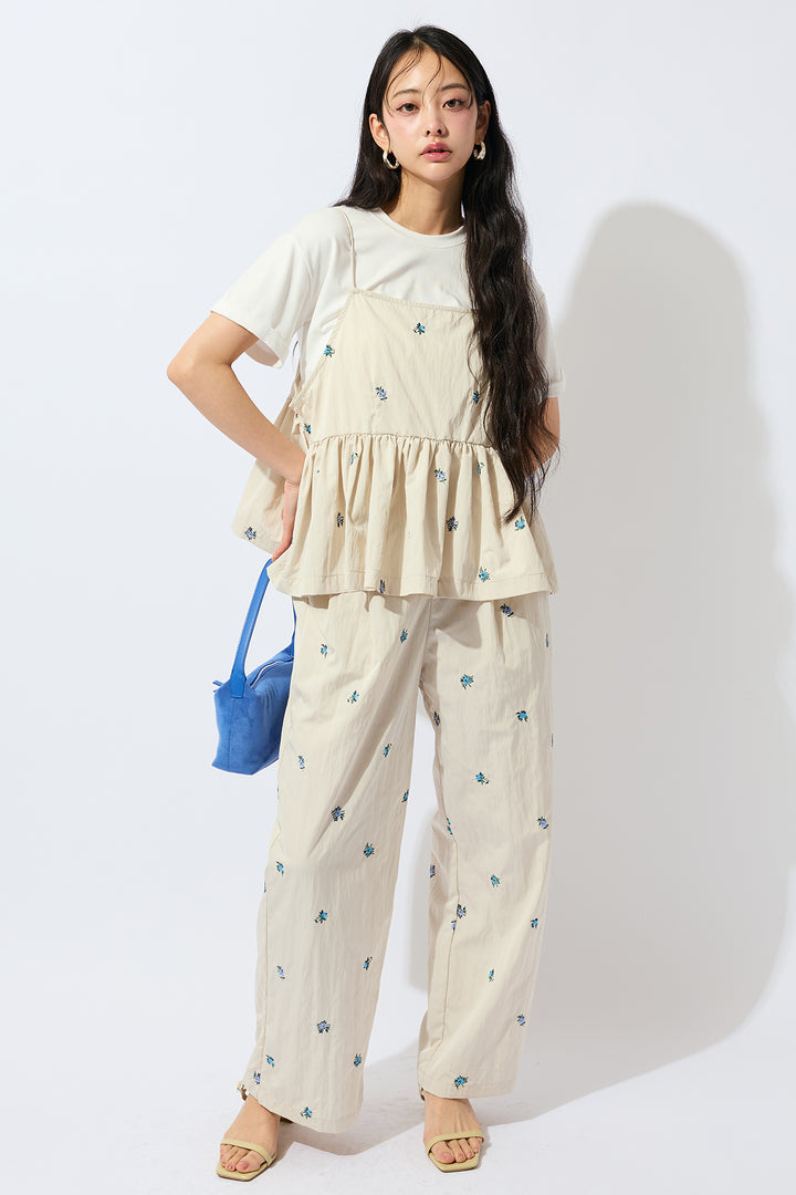 [予約/SET]フラワー刺繍タフタキャミトップス+フラワー刺繍タフタストレートパンツ(2set)