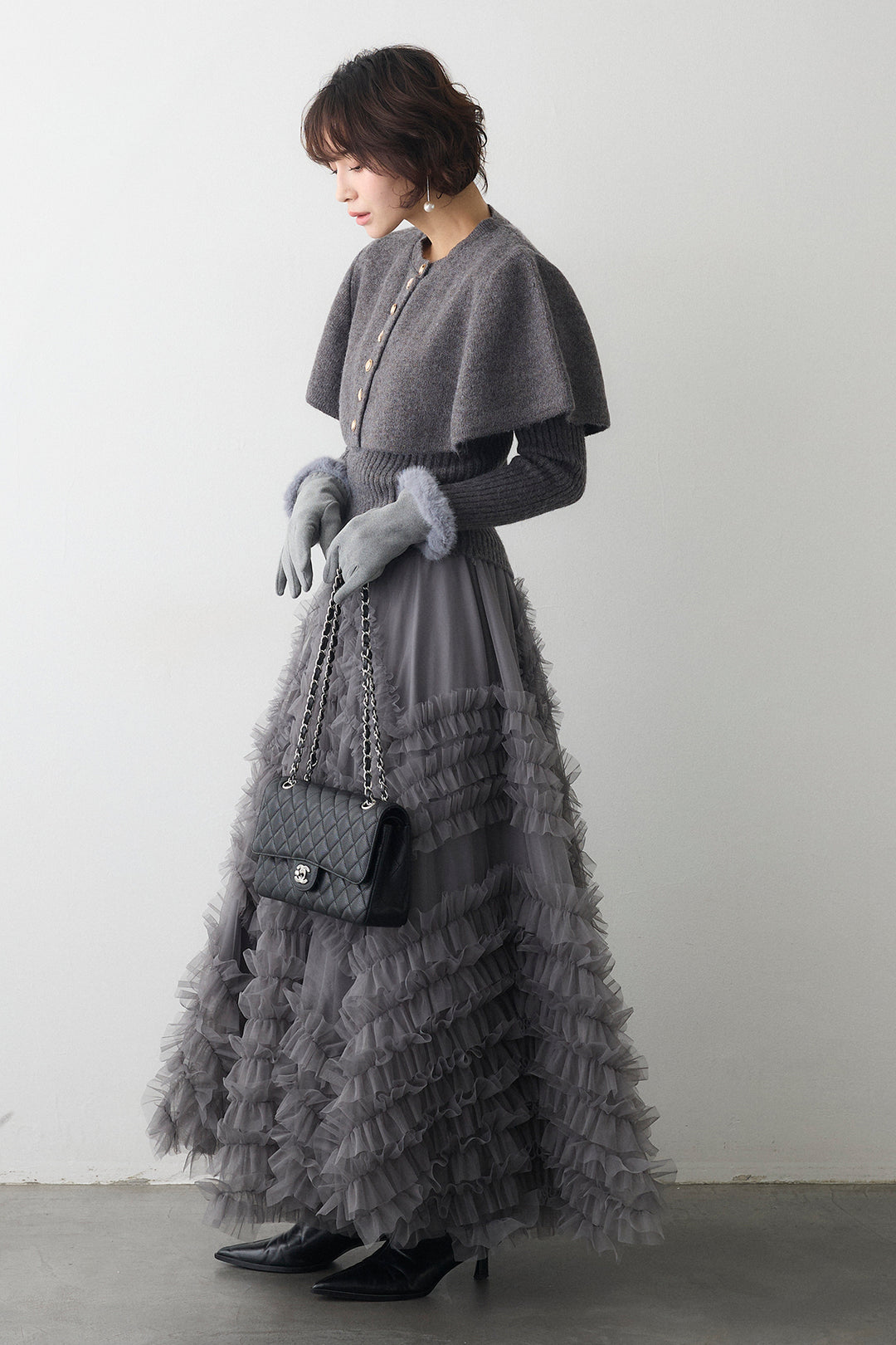 [予約/SET]ミックス釦ケープ2wayニット+スフレアシメチュールスカート(2set)