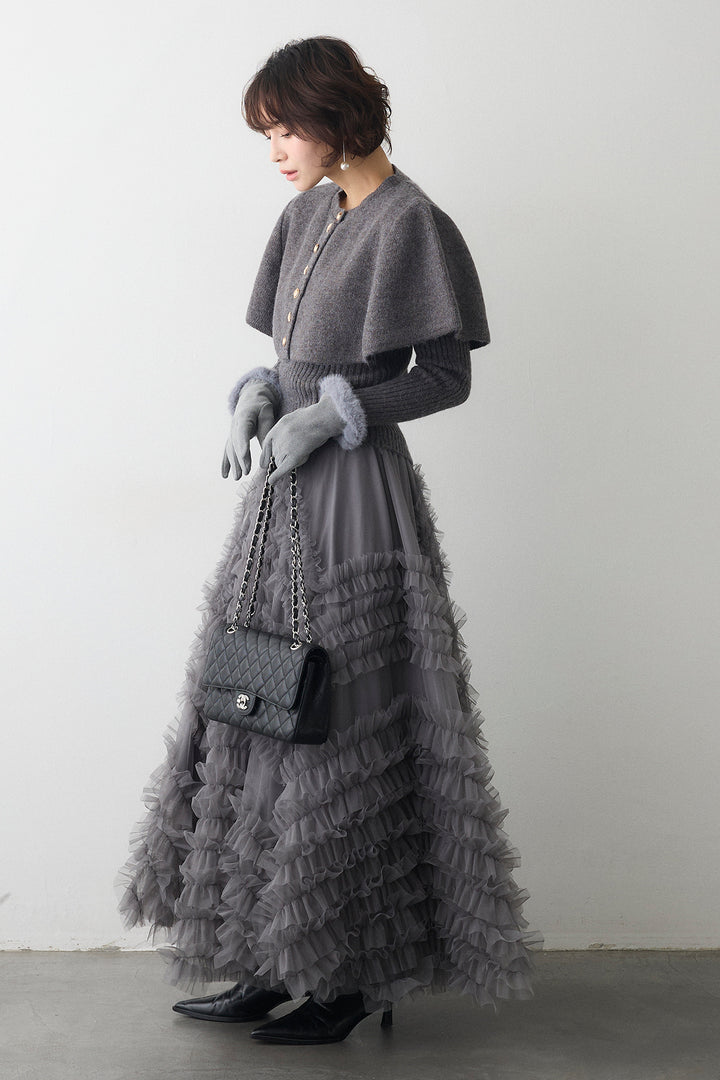 [予約/SET]ミックス釦ケープ2wayニット+スフレアシメチュールスカート(2set)