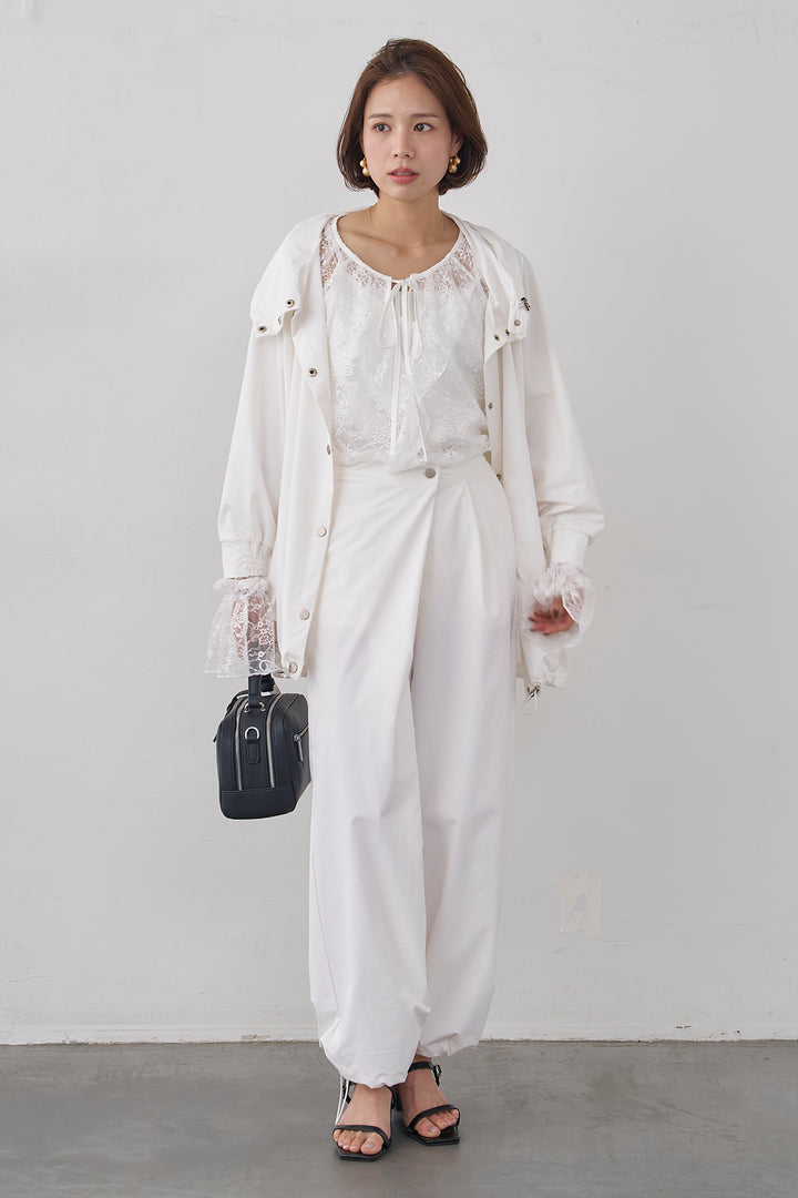 [予約/SET]ミニフリル繊細レースブラウス+撥水スタンドカラー2wayドロストブルゾン+撥水ドロストヘム2wayパンツ(3set)