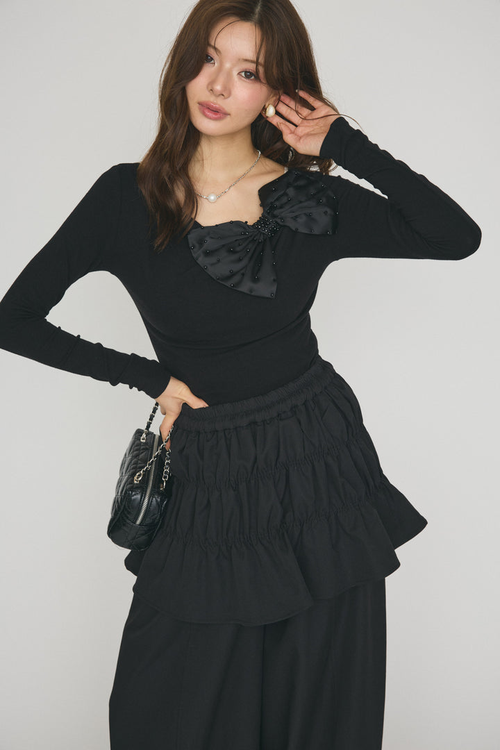 [予約/SET]サイドポイントリボンカットトップス+シャーリングフリルストレートパンツ(2set)