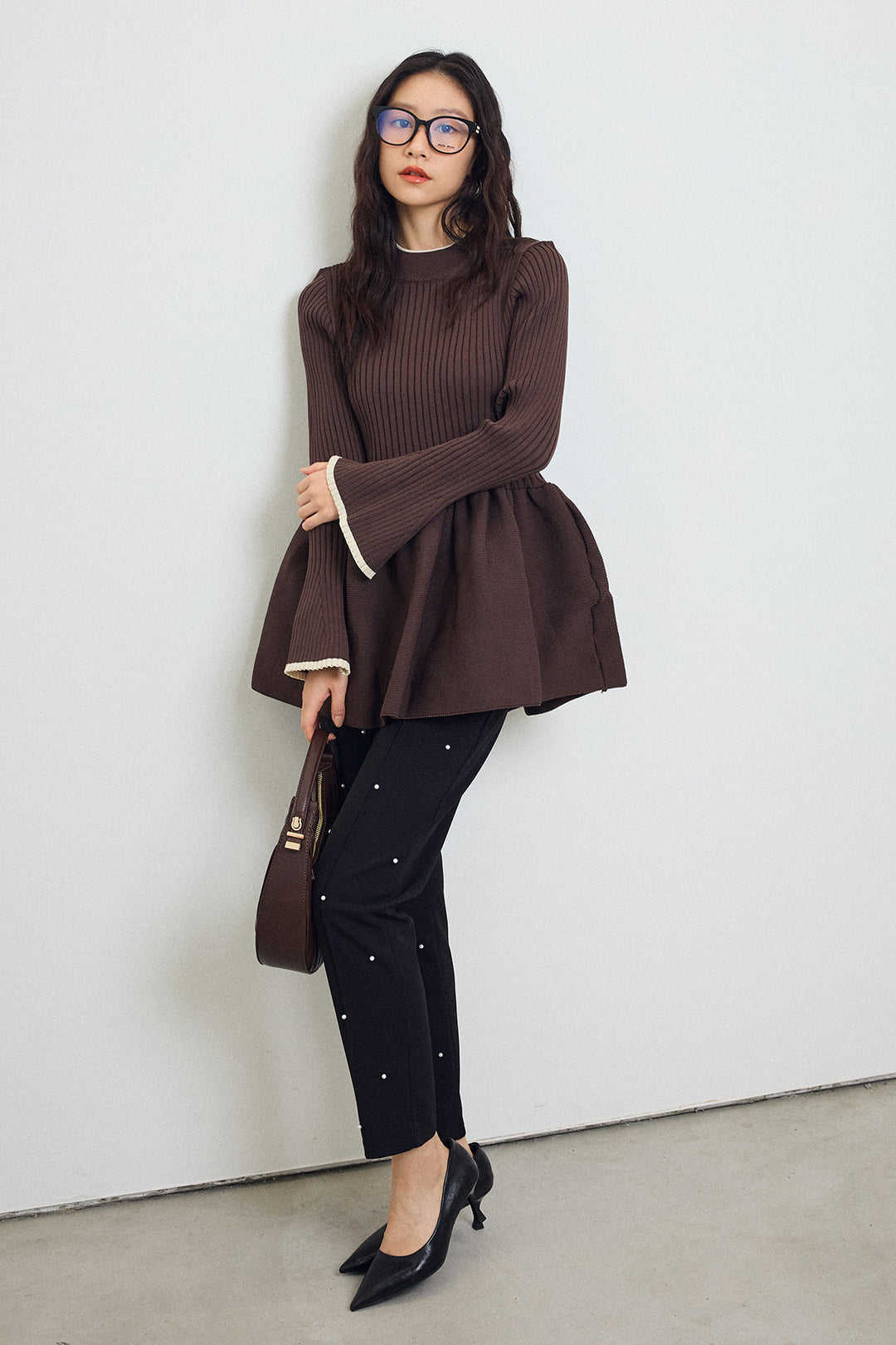 [予約/SET]リブフレア配色スリーブペプラムニット+センターシームランダムパールパンツ(2set)