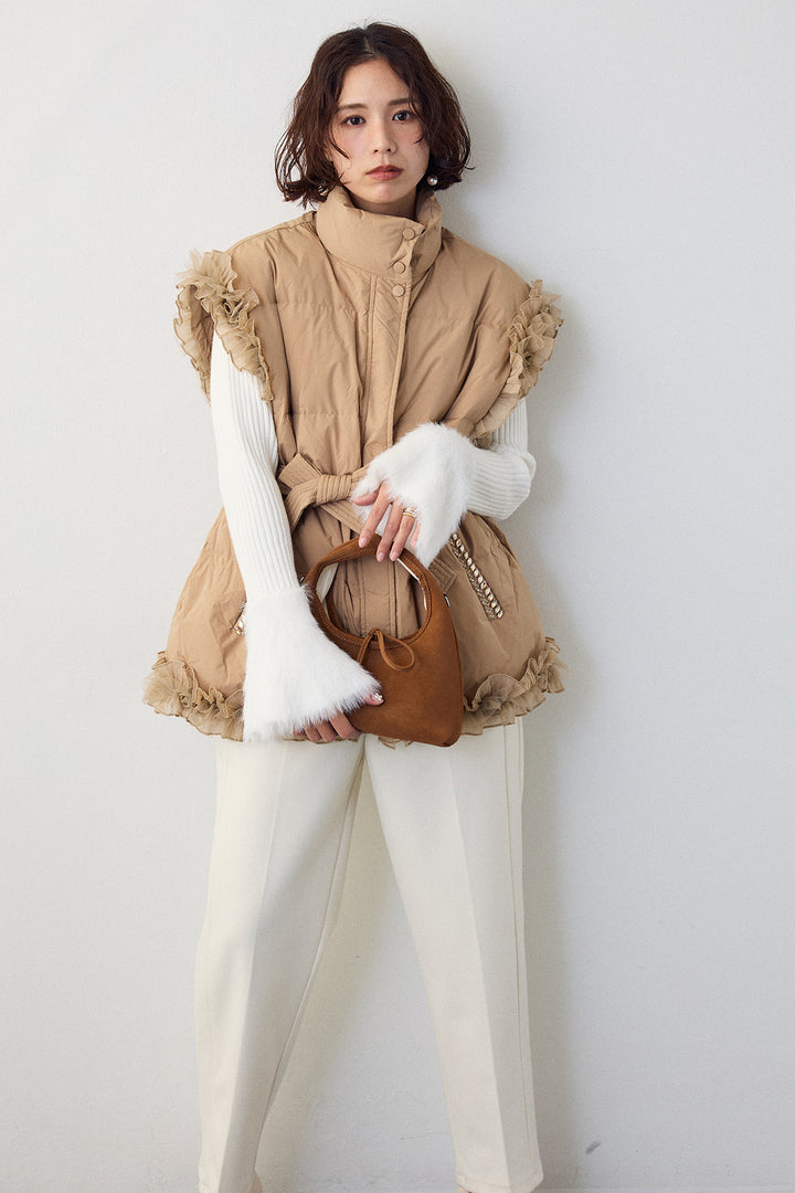 [予約/SET]フェザー切替スリーブフレアニット+フリルチュールスリーブ美ラインベスト(2set)